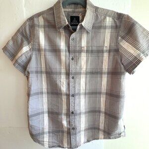 Prana SSBD Plaid Short Sleeve Collared Shirt Snap Front size Medium Gray